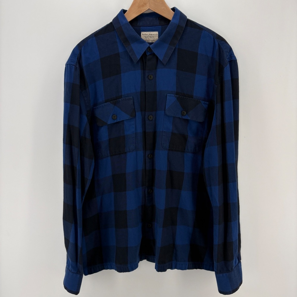 Nudie Jeans Mens XL Buffalo Check Flannel Shirt Organic Cotton Blue Workwear